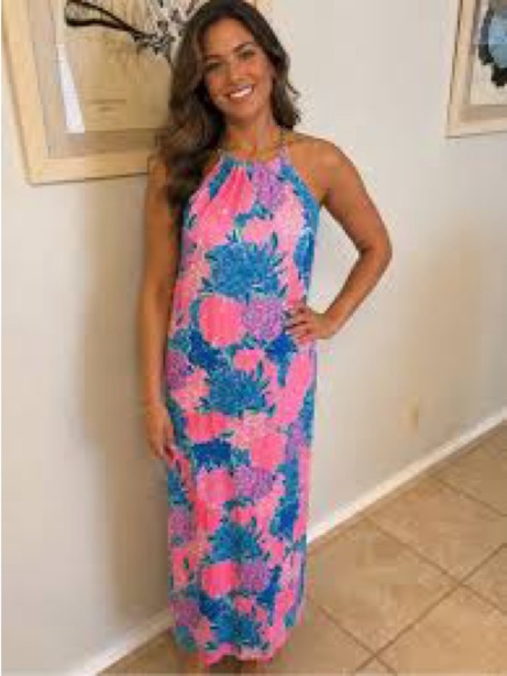 Lilly Pulitzer ~ Beach House Chain Halter ~Pink 🌸 Blue Floral Maxi Dress XS